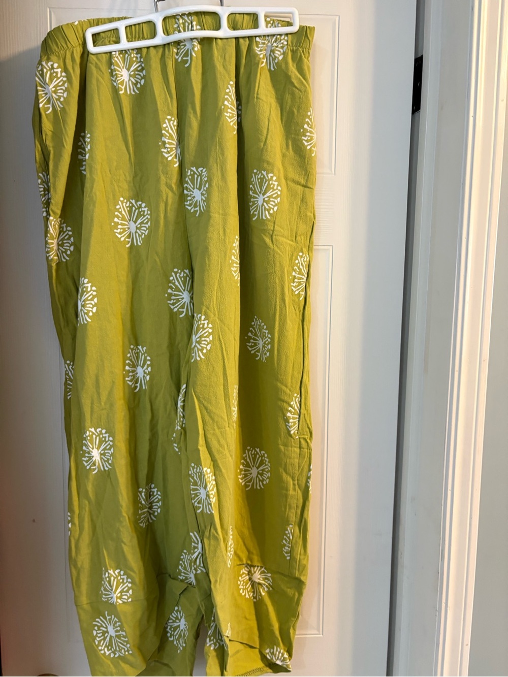 Green Printed flowy pants  with White Floral Medallions